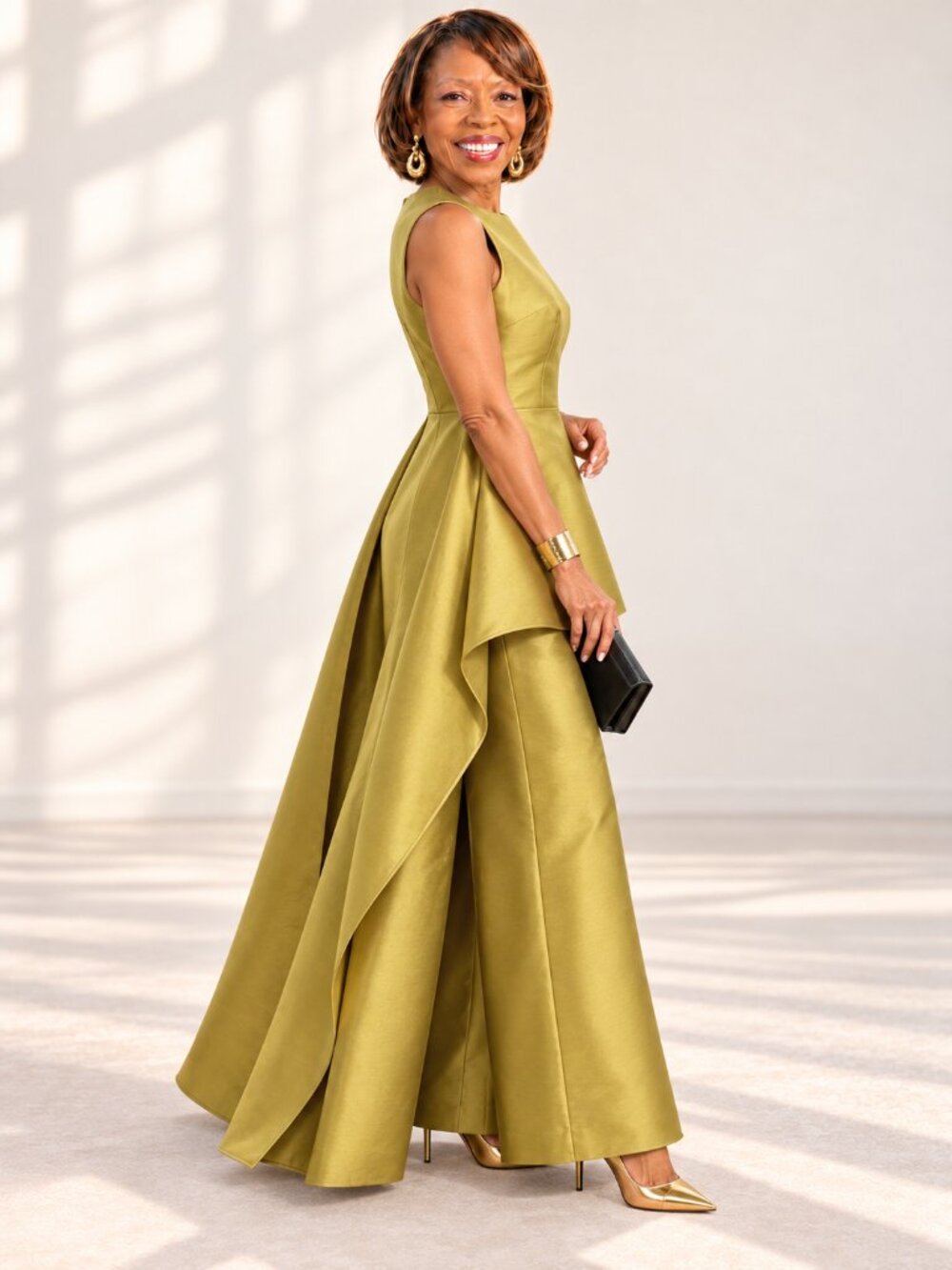 Golden Olive Layered Wide-Leg Formal Jumpsuit Size Large - Picture 8 of 11